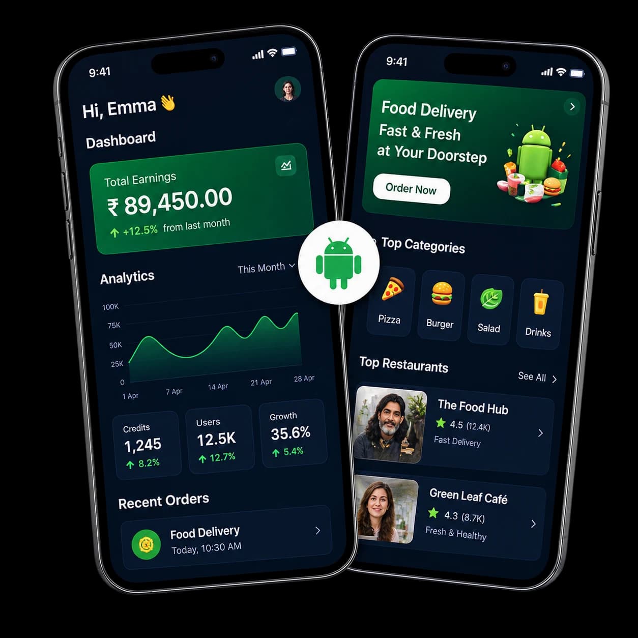 Android App Mockups — Dashboard Analytics App and Food Delivery App